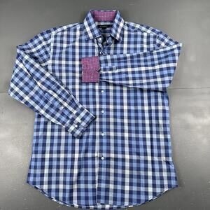 Ziggurat Shirt Mens Large Blue Checkered Plaid Paisley Flip Cuff Dress NWT